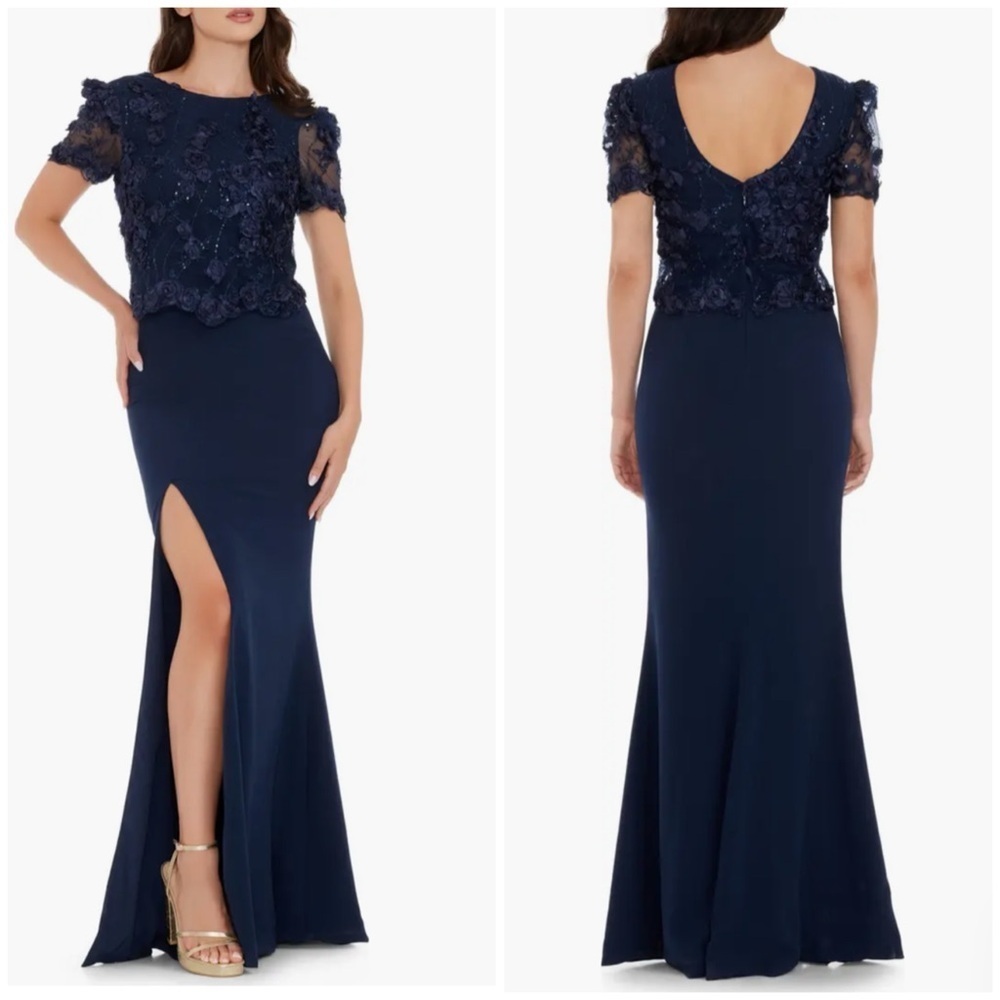 NWT Dress The Population Ramona Embellished Side Slit Gown Navy Blue Flower Sz M